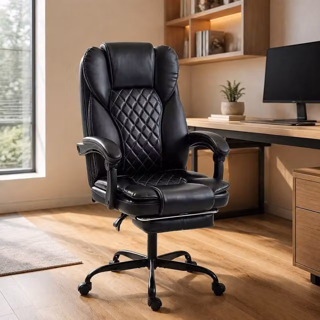 STILVORA Black Synthetic Leather Executive Office Chair with Recline, Footrest and Headrest