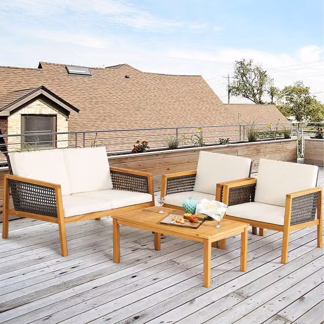 Costway 4-Piece Modern White Rattan and Acacia Wood Patio Furniture Set