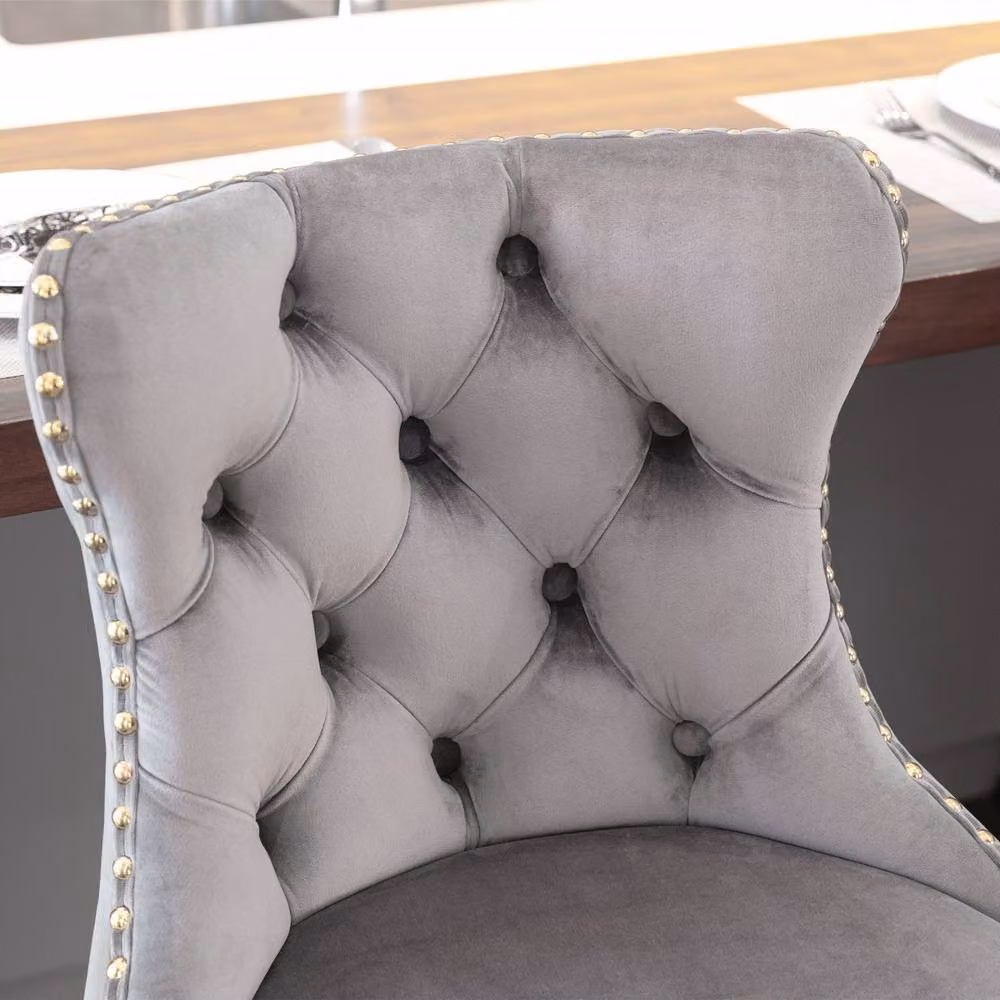 Modern Home Touch Set of 2 Grey Velvet Adjustable Swivel Bar Stools with Gold Metal Base – 3