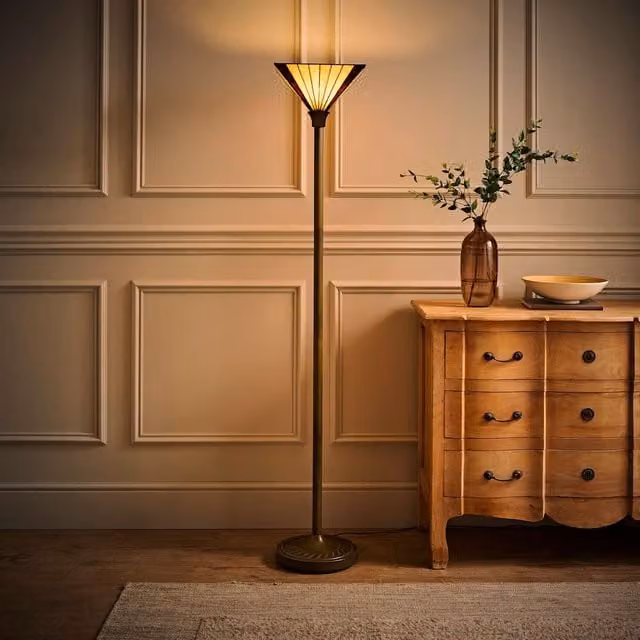 ValueLights Tiffany Stained Glass Vintage Uplighter Floor Lamp in Bronze and Multicolour
