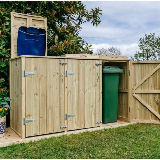 Buttercup Farm Shireburn Triple Wheelie Bin Store in Brown, Fits 3 x 140L Bins, W/D/H: 180.5 x 120 x 76 cm – 1