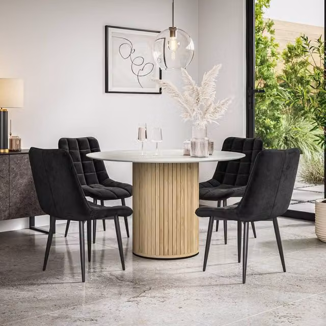 More4Homes Arlo White Marble Top Round Dining Table with Oak Legs and Set of 4 Black Nova Velvet Dining Chairs, W/D/H: 120 x 120 x 75 cm – 1