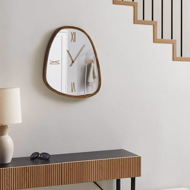 Wyld and Coco Minimalist Analog Wall Clock in Dark Brown with Silver Accents and Organic Irregular Mirrored Glass Face