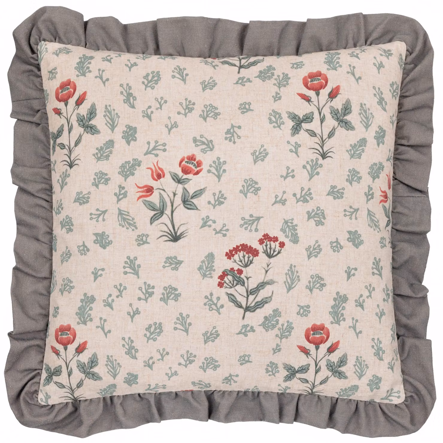 Paoletti Renata Floral Printed Linen Ruffle Cushion, Multicolour, W/D/H: 50 x 50 x 50 cm – 2