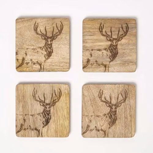 HOMESCAPES Brown Wooden Coaster Set with Stag Design, Set of 4, W/D/H: 10 x 10 x 2 cm