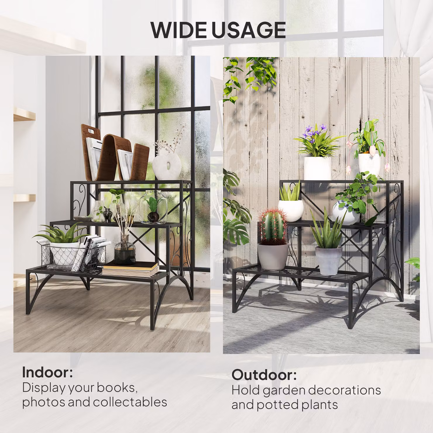 Outsunny 3-Tier Vintage Metal Ladder Plant Stand, Black Flower Pot Holder for Indoor and Outdoor Use, W/D/H: 60 x 60 x 60 cm – 6