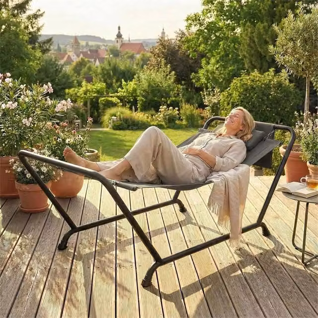 Nordara Freestanding Outdoor Hammock with Stand and Headrest Pocket in Dark Grey