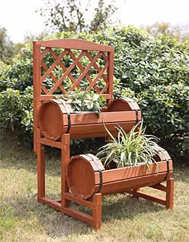 Groundlevel 2 Tier Wood Barrel Planter with Trellis in Brown and Beige – 1