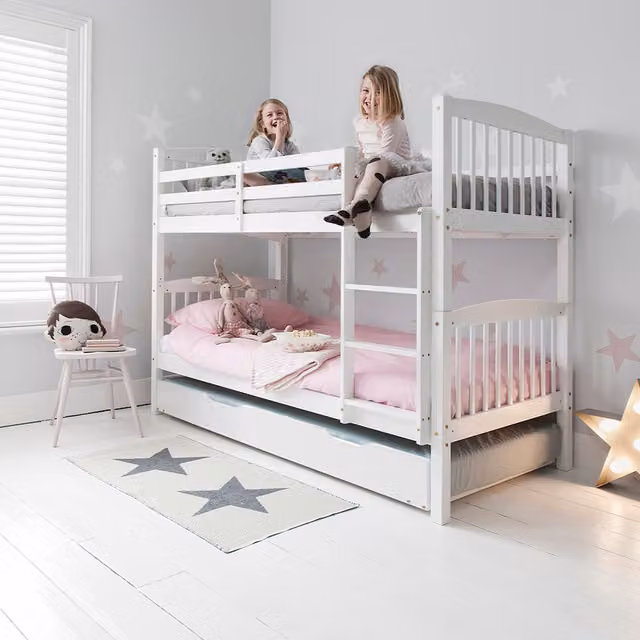 Noa and Nani Brighton Kids Solid Wood Bunk Bed with Trundle and Drawers in White and Pine