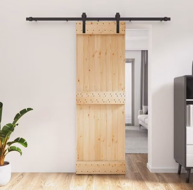 Berkfield Home Modern Sliding Door with Hardware Set, Solid Wood and Steel, Brown, W: 70 cm, H: 210 cm