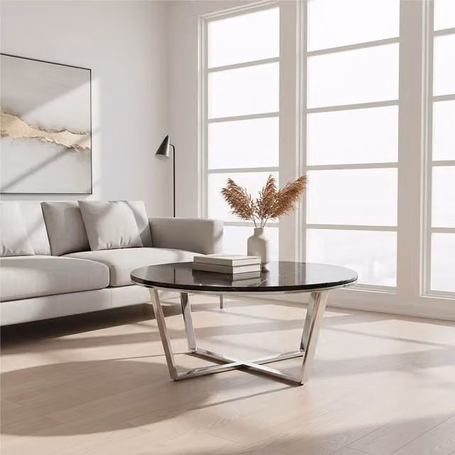 Interiors by Premier Allure Round Black Faux Marble Coffee Table with Metal Legs