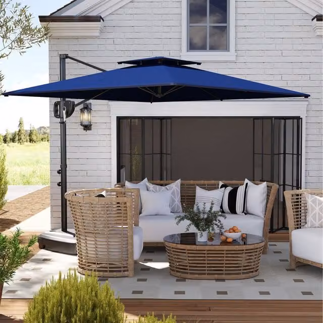Outsunny Dark Blue Cantilever Garden Parasol with Weighted Base