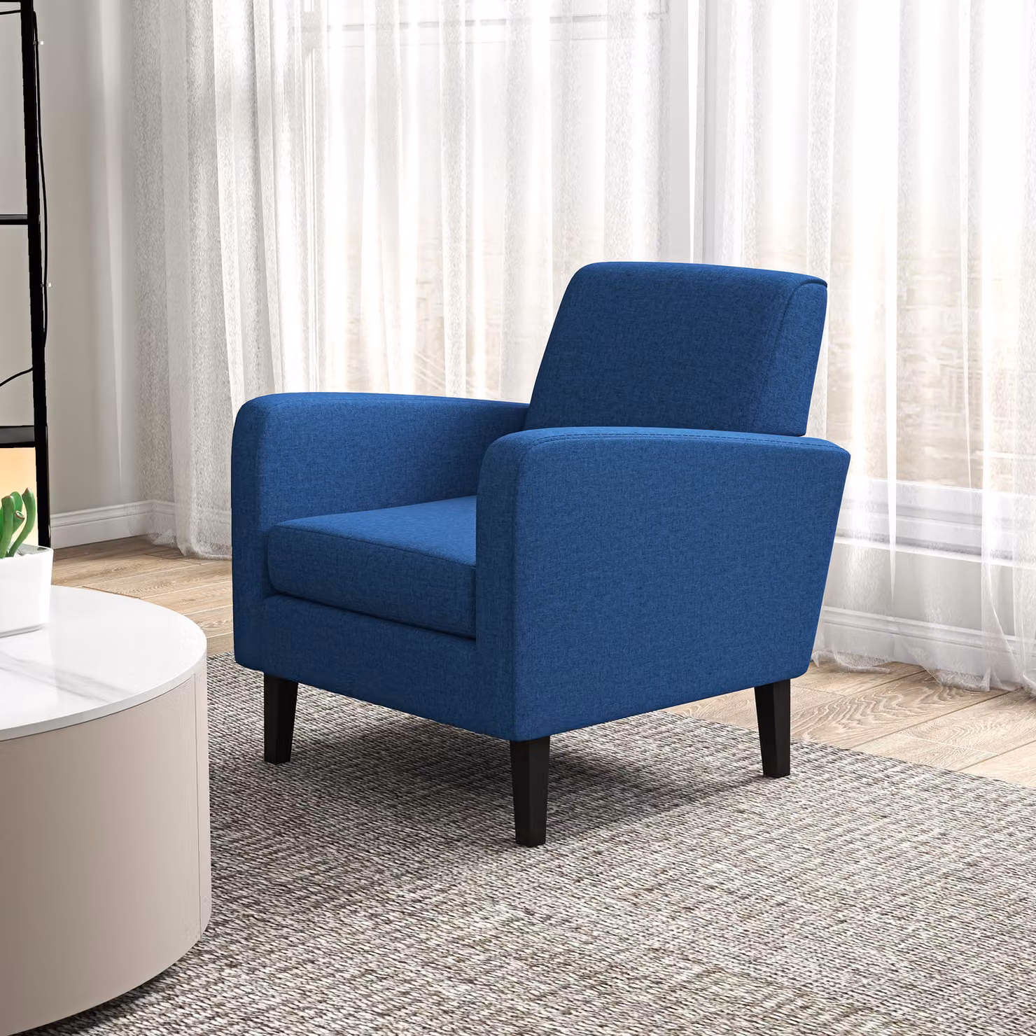 HOMCOM Set of 2 Modern Blue Upholstered Accent Armchairs with Rubberwood Legs – 9