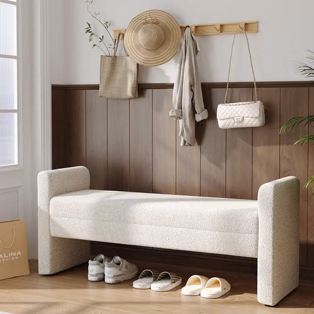 Livingandhome Teddy Upholstered H-Shaped Bench in White Bouclé Fabric