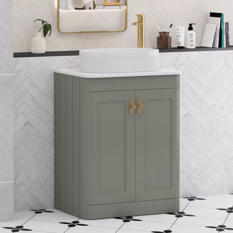 Royal Bathrooms Henley 600mm Sage Green Floor Standing 2 Door Vanity Unit with Lyon Basin and Brushed Brass Knob