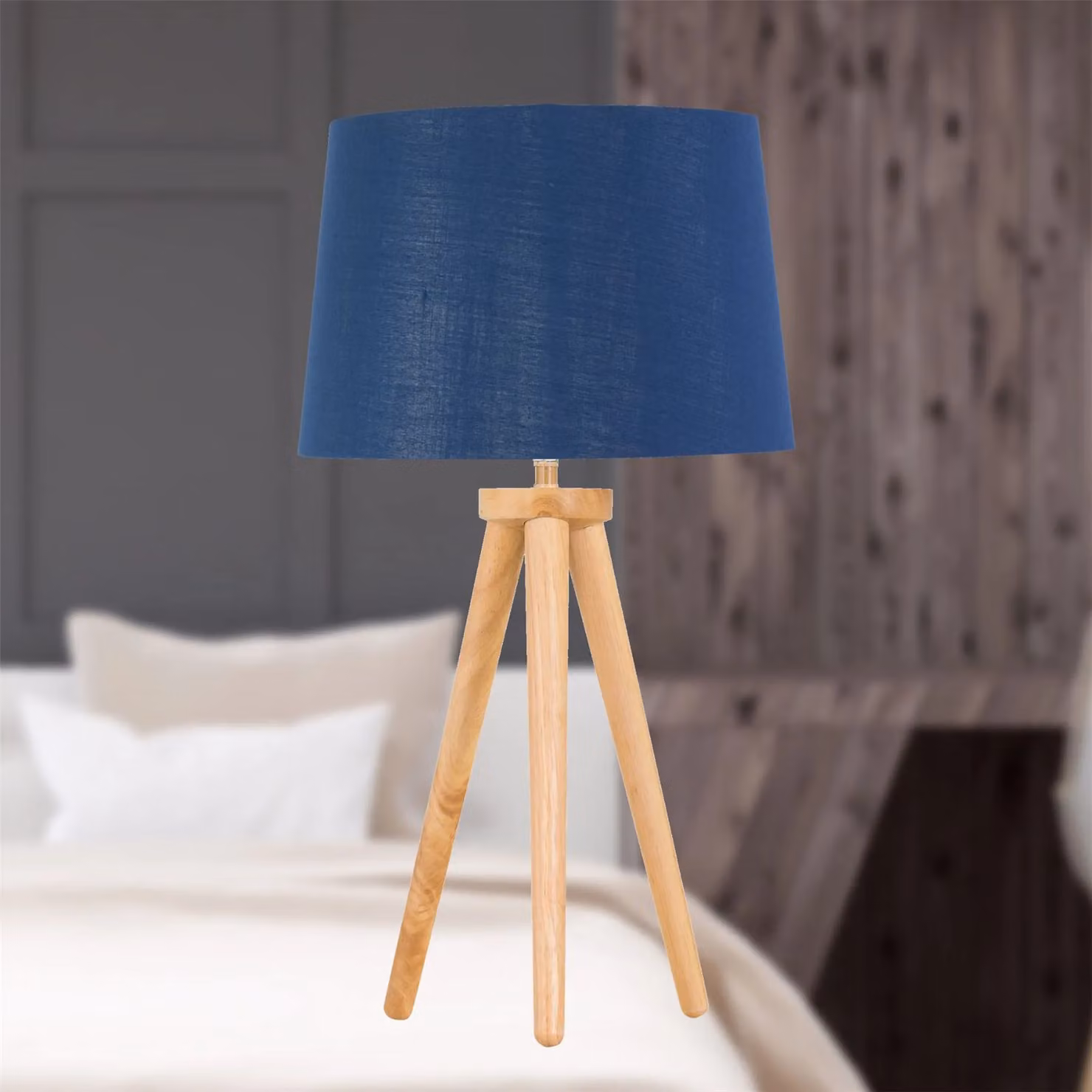 First Choice Lighting Set of 2 Light Oak Table Lamps with Navy and Silver Fabric Shades in Brown – 3
