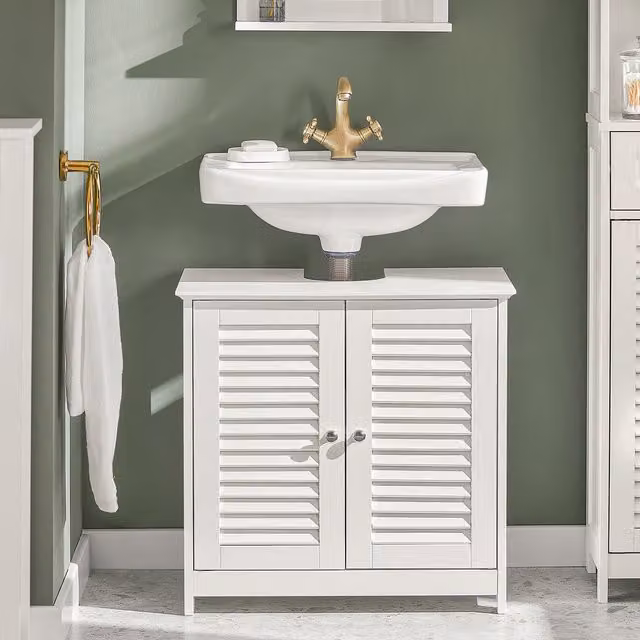 SoBuy Modern White Freestanding Bathroom Under Sink Cupboard with Roll Shutter and Internal Shelves, Width: 58 cm