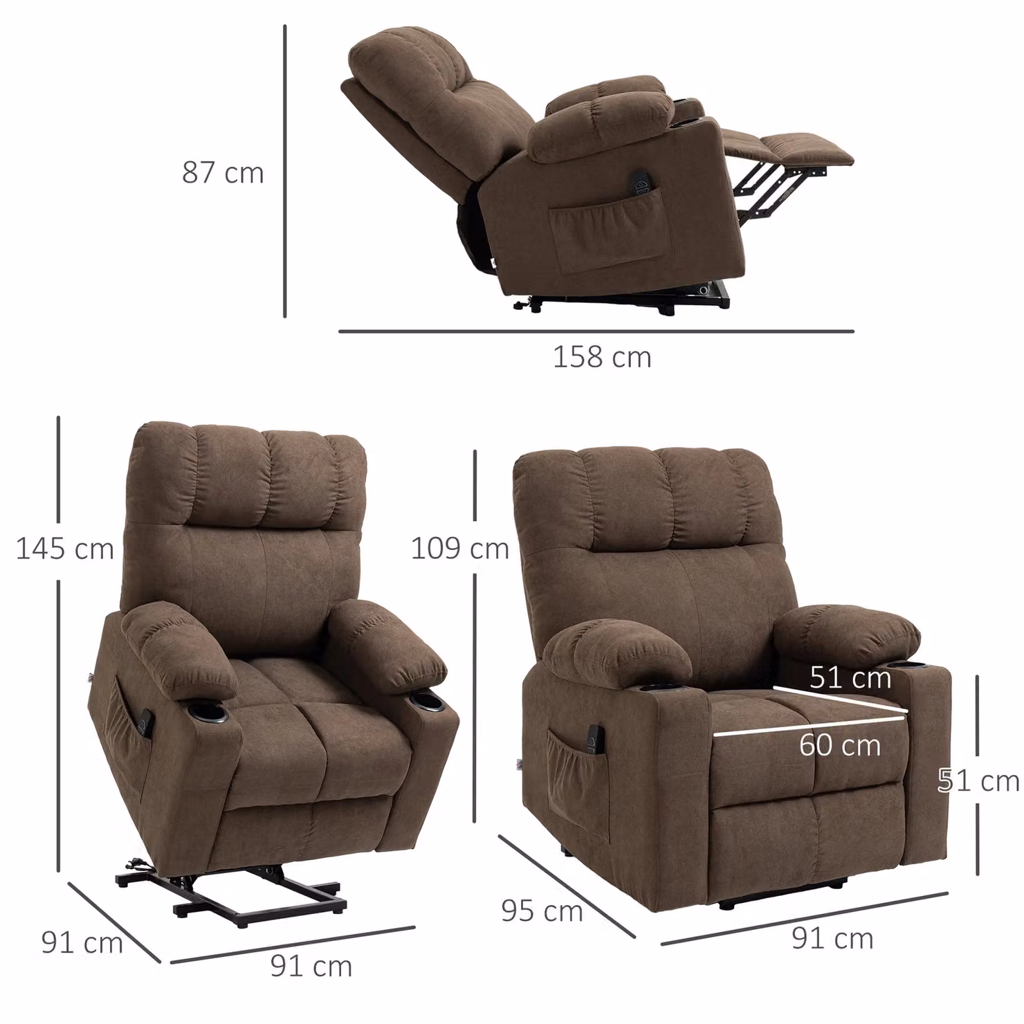 HOMCOM Heavy Duty Powered Lift Assist Riser Recliner Chair for Seniors in Dark Brown Fabric – 3