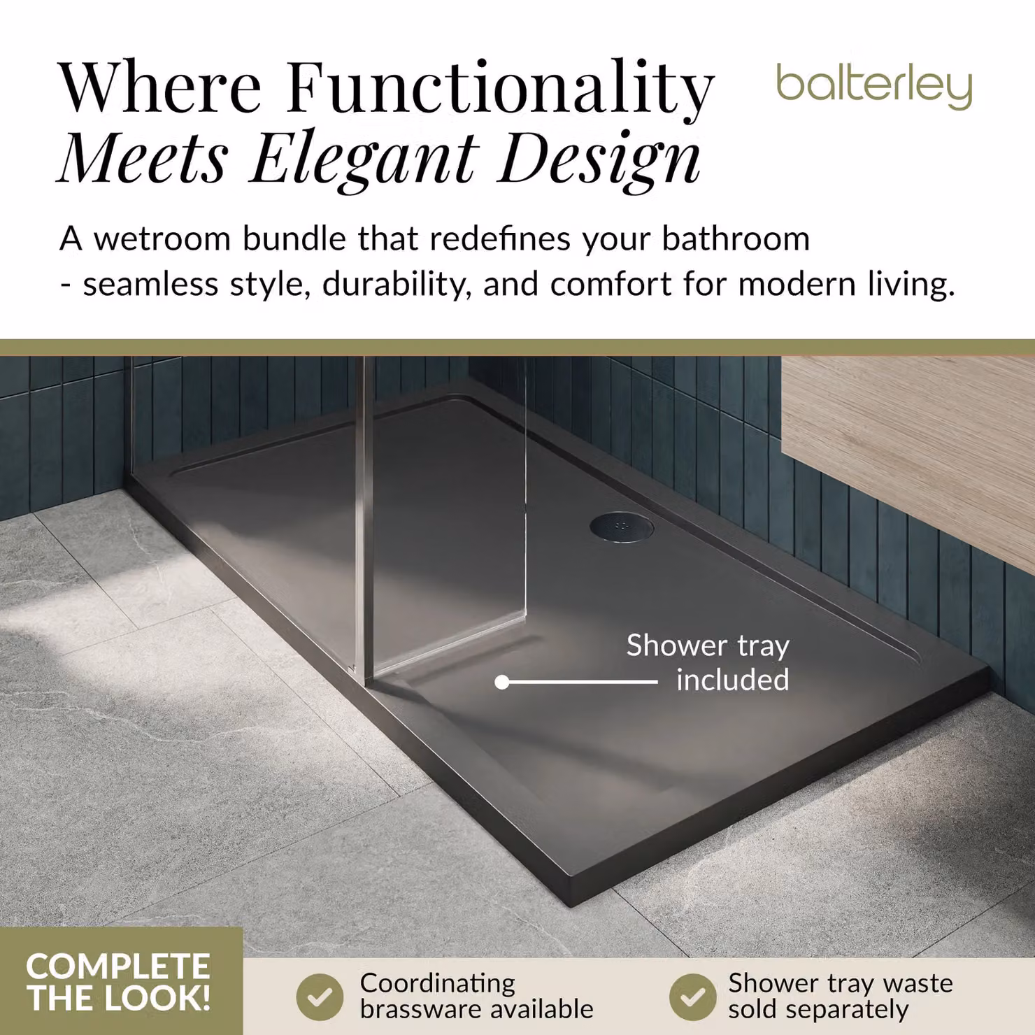 Balterley 8mm Glass Walk-in Wetroom Screen and Return with Grey Tray, Silver and Chrome, W: 140 cm, D: 80 cm – 3
