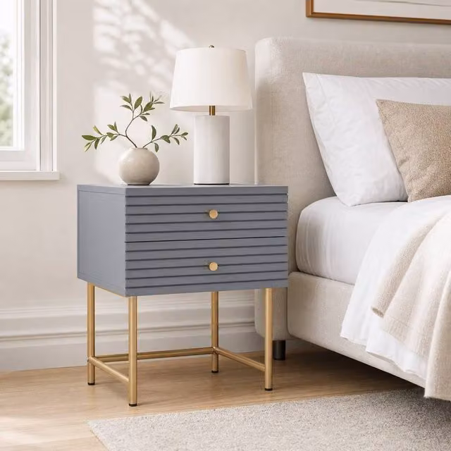 STILVORA Set of 2 Grey Bedside Tables with 2 Drawers and Gold Accents