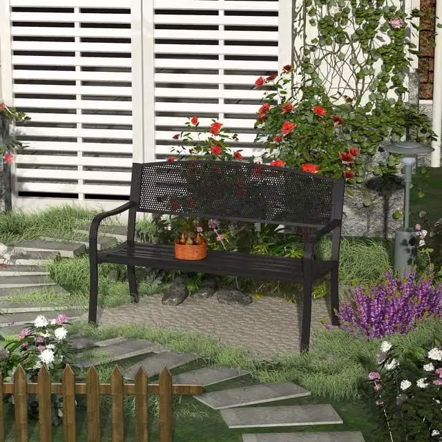 Outsunny Modern Geometric 2 Person Garden Bench in Matt Black Metal