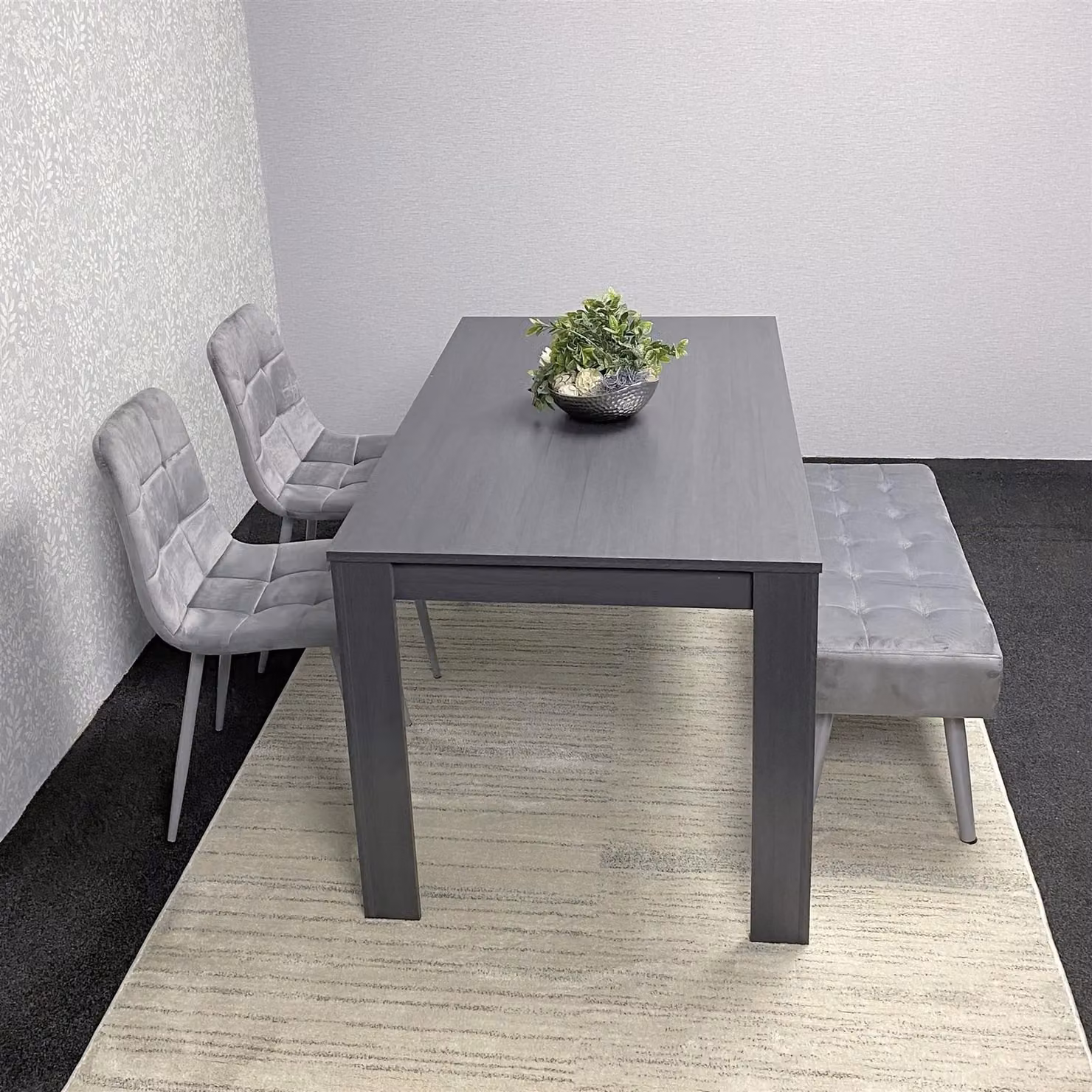 KOSY KOALA Modern Dining Table Set with 2 Grey Velvet Chairs and 1 Grey Bench in Brown – 2