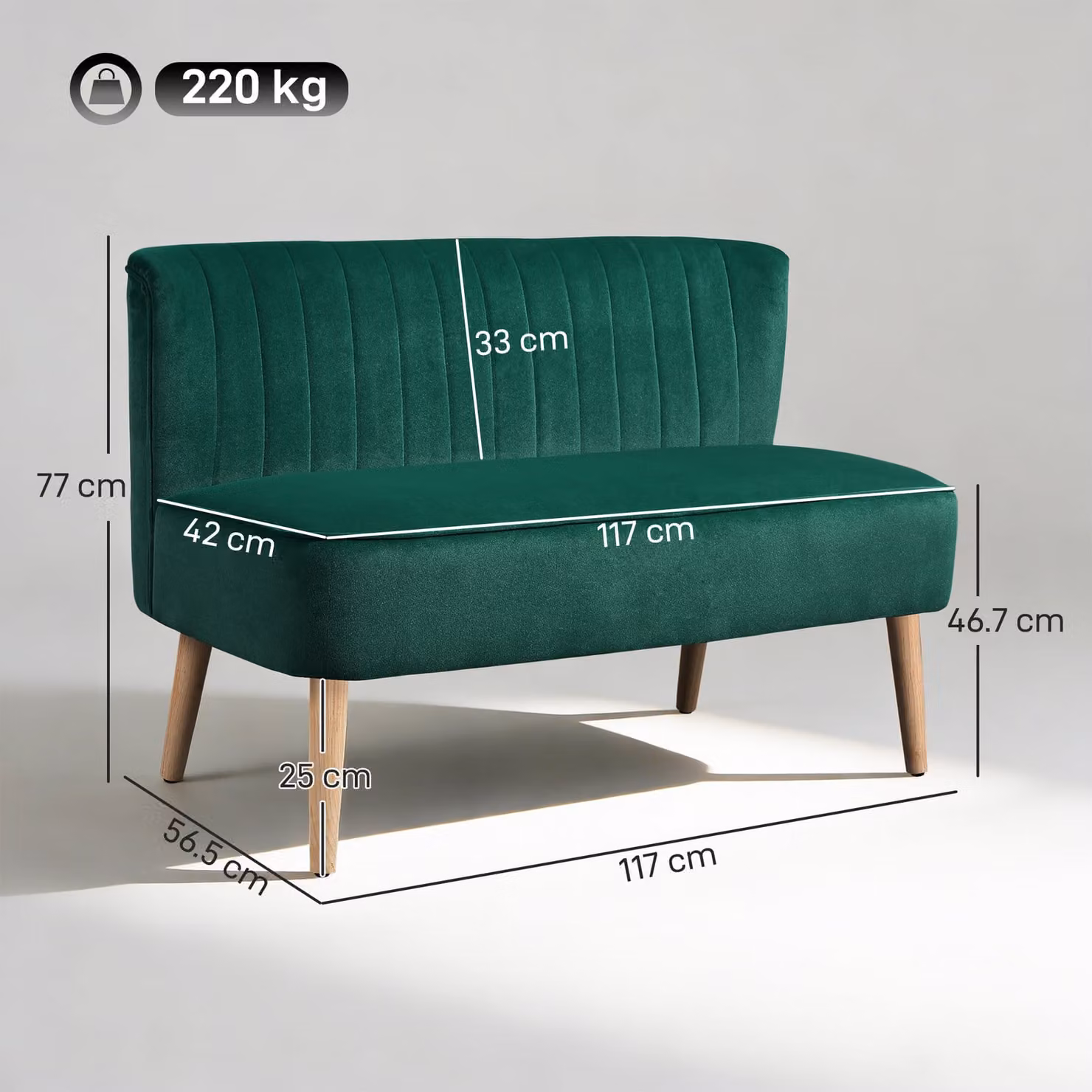 HOMCOM Dark Green Velvet Upholstered 2 Seater Loveseat Sofa with Rubberwood Legs – 3