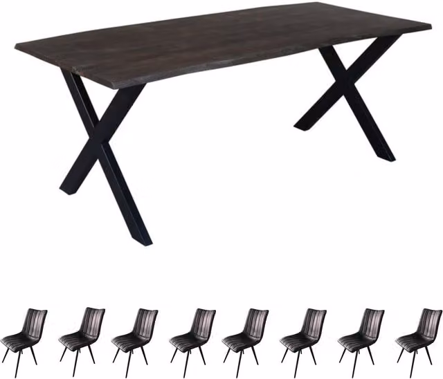 IH Design Live Edge Acacia Wood and Metal Rectangular Dining Table Set with 8 Grey and Brown Chairs