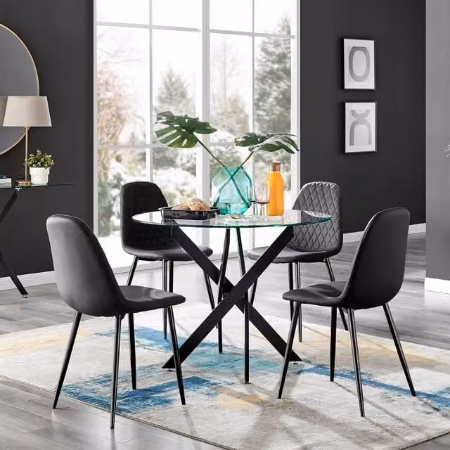 FurnitureboxUK Novara Round Glass Dining Table and 4 Corona Faux Leather Chairs in Black