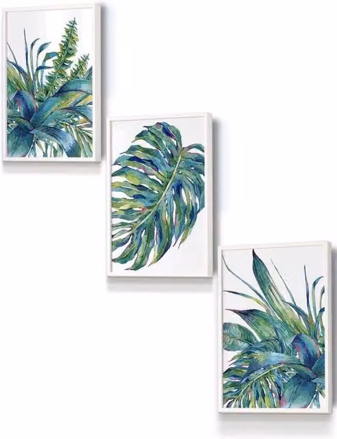 ARTZE Blue and Green Tropical Leaves Watercolour Framed Wall Art, White, W: 33 cm, H: 45 cm, D: 2 cm