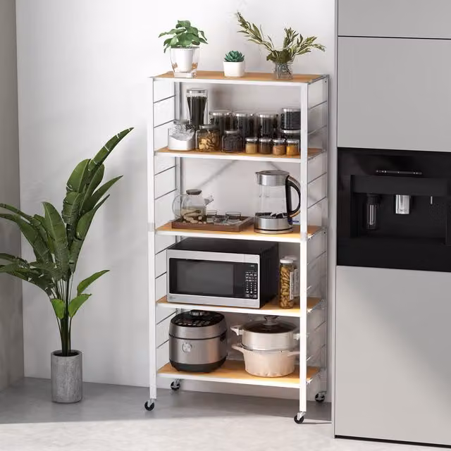 Costway 5-Tier Foldable Metal Storage Shelving Unit with Adjustable Shelves and Detachable Wheels in Natural – 1