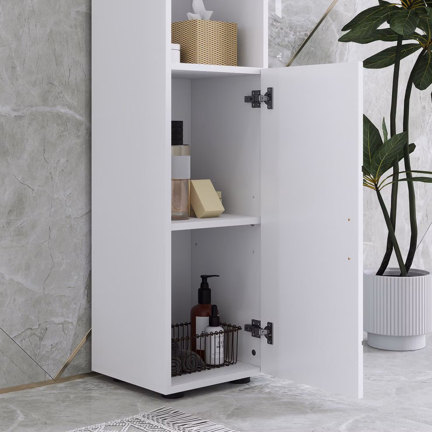 kleankin Line Embossed Tall Corner Bathroom Storage Cabinet in White, H 183 x W 30 x D 23 cm – 2
