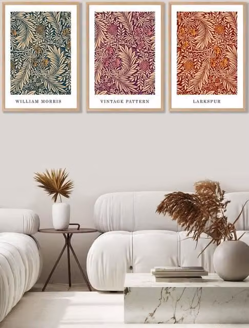 ARTZE Set of 3 William Morris Vintage Larkspur Autumn Colours Floral Wall Art with Oak Frames, W: 45 cm, H: 62 cm, D: 2 cm