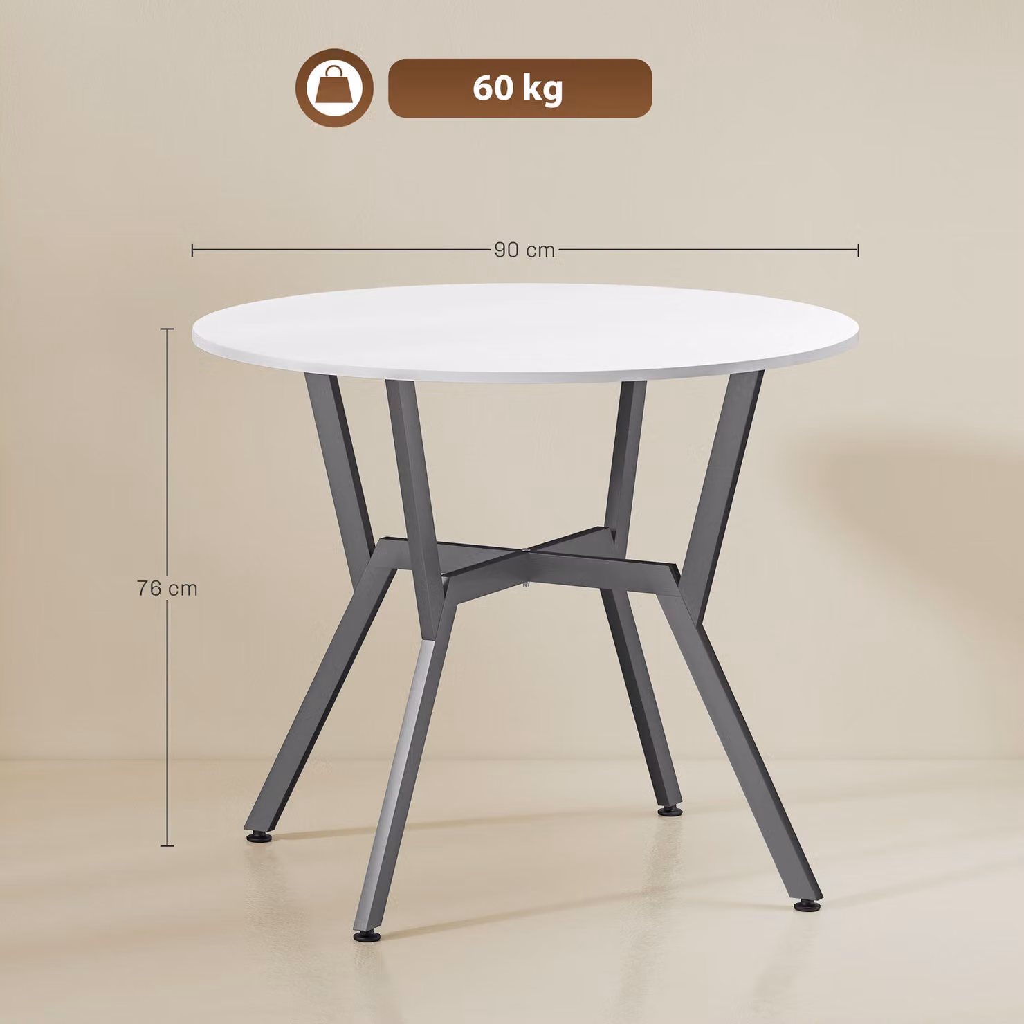 HOMCOM Round High Gloss White Dining Table with Black Metal Legs, Diameter: 90 cm, Height: 76 cm – 3