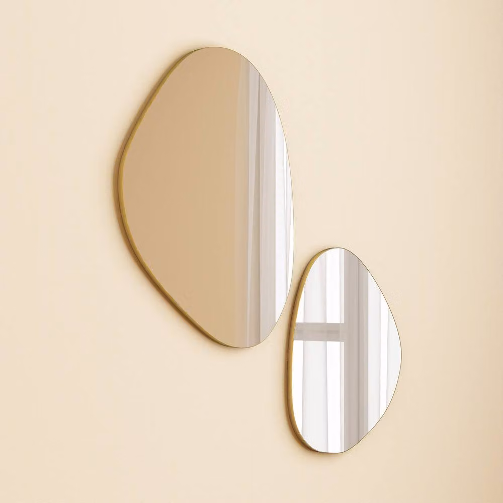 HOMCOM Set of 2 Modern Pebble-Shaped Irregular Wall Mirrors with Gold Metal Frame – 2
