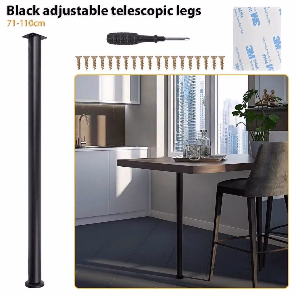 NESTLUNE 2-Piece Adjustable Black Kitchen Worktop Desk and Breakfast Bar Table Legs – 3