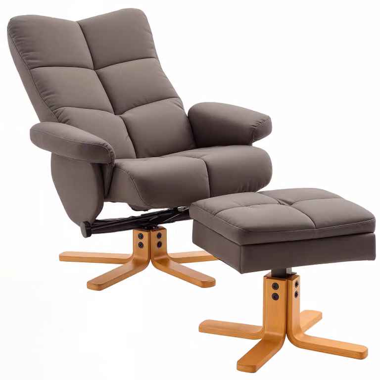 HOMCOM Swivel Recliner Chair with Ottoman in Brown Synthetic Leather and Solid Wood Frame