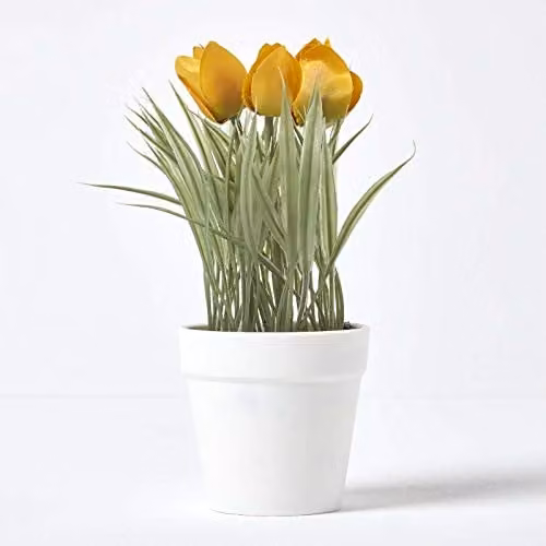 Homescapes Yellow Artificial Tulip Potted Plant in a White Plastic Pot, Height: 22 cm – 1