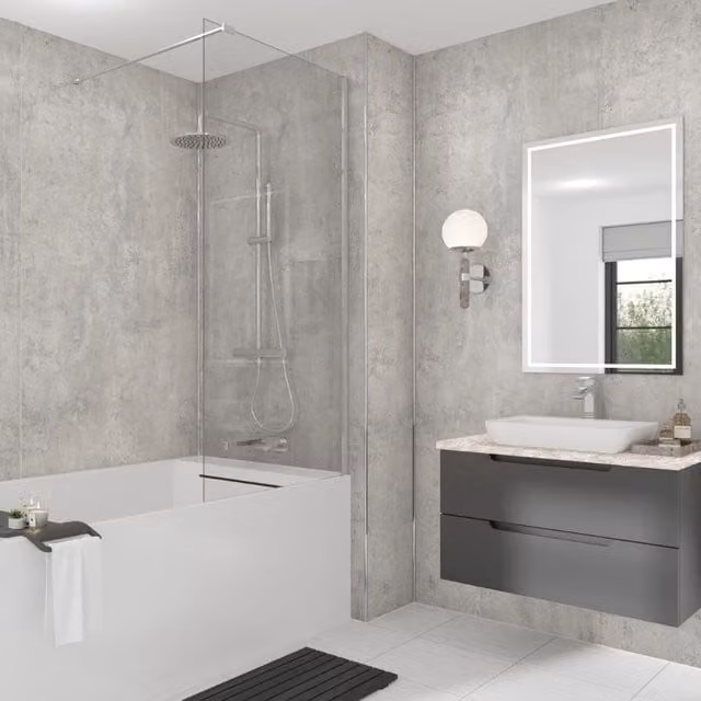 Wetwall Industrial Concrete Laminate Wall Panel, Grey Stone Look, W: 90.0 cm, H: 242.0 cm, D: 1.1 cm