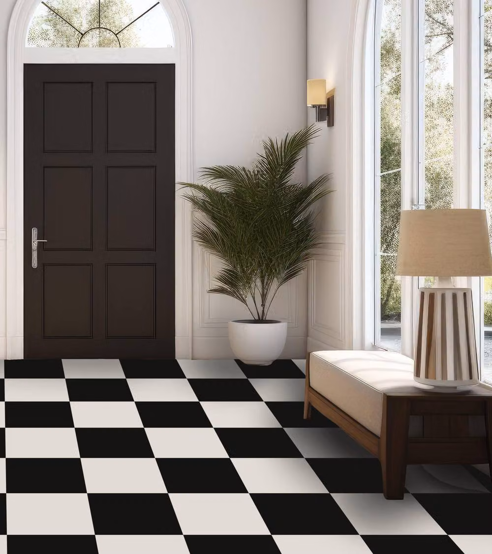 Arthouse Self-Adhesive Retro Geometric Tile-Look Floor Tiles in Black and White, 10 Tiles Per Pack, W/D/H: 30.5 x 30.5 x 0.3 cm – 3