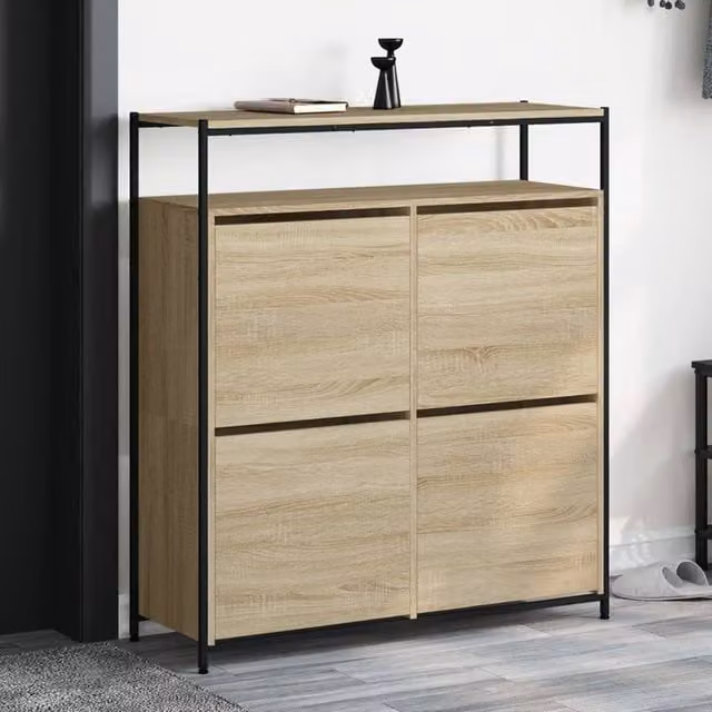 Berkfield Home Sonoma Oak Shoe Cabinet in Brown with 4 Tilting Compartments, W/D/H: 100 x 34 x 112 cm