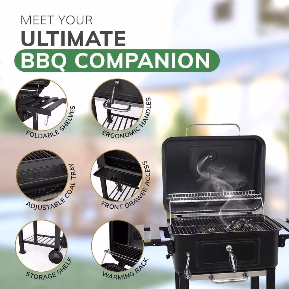 Kelvenix XL Charcoal BBQ Smoker Grill in Black with Thermometer and Wheels – 3
