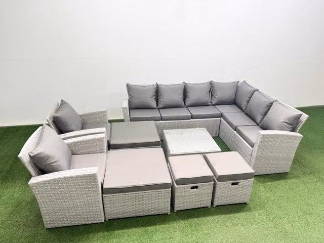 Fimous 12 Seater Rattan Garden Furniture Set in Light Grey with Upholstered Cushions and L-Shape Sofa Configuration
