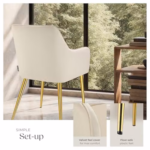 tectake Set of 6 Avane Dining Chairs in Beige Velvet-Look Fabric with Gold Metal Legs – 3