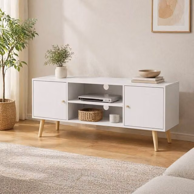 STILVORA White Minimalist TV Stand with 2 Doors and Shelves, Width: 120 cm