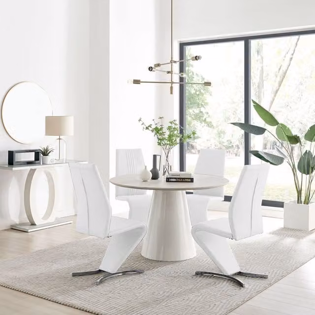 Furniturebox Palma Beige Stone Effect Round Dining Table and 4 Willow Chairs in White