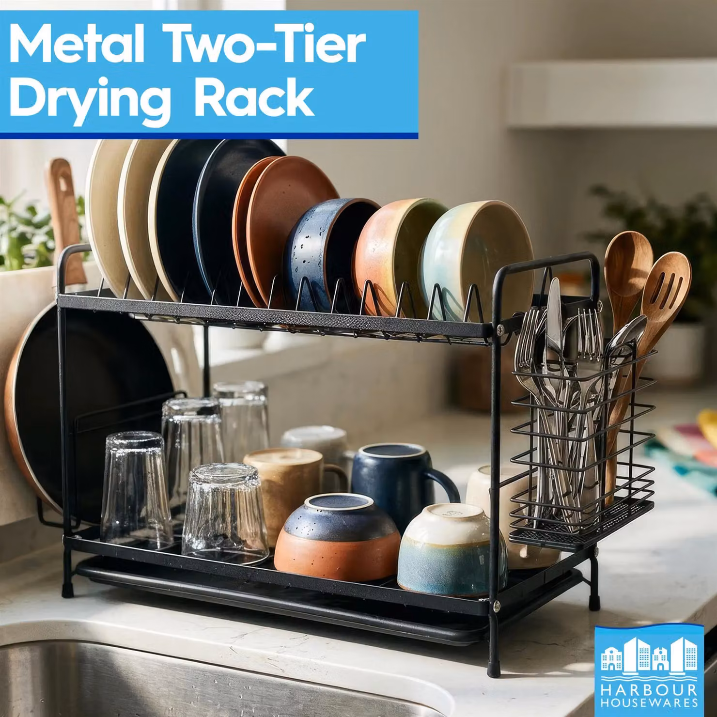 Harbour Housewares 2 Tier Metal Dish Drainer Rack with Drip Tray and Cutlery Holder, Black, W/D/H: 40.0 x 30.0 x 21.0 cm – 6