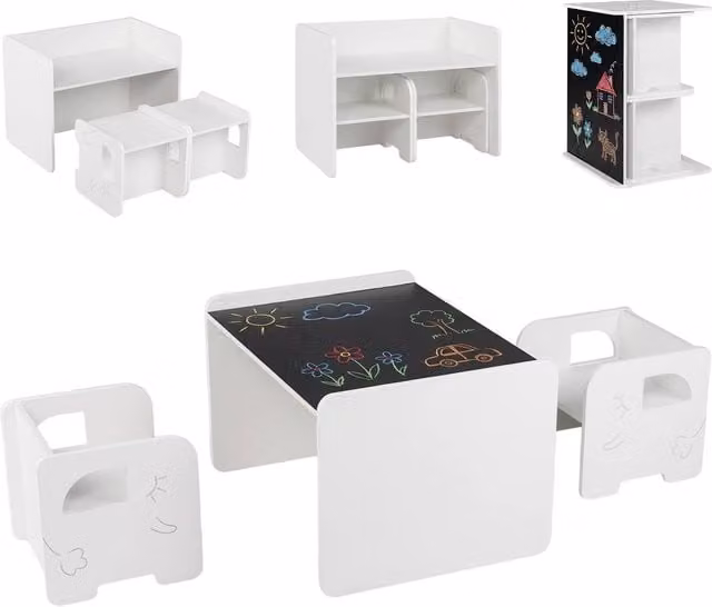 CASART 3-Piece Kids Table and Chair Set with Chalkboard in White
