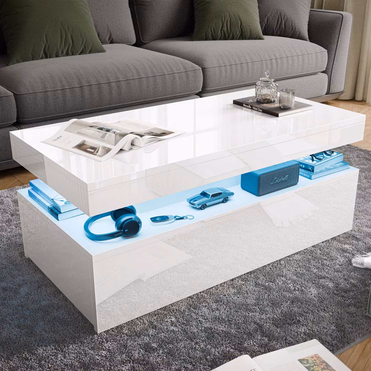 DHS High Gloss White Storage Coffee Table with Drawers and LED Lights W/D/H: 94 x 47 x 38 cm