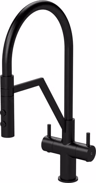 Balterley Rana Kitchen Mono Mixer Tap with Curved Swivel Spout and Dual Lever, Matt Black, H 25.8 cm, W 43.6 cm, D 22.0 cm – 1